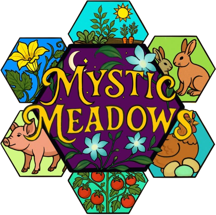 Mystic Meadows — homestead logo with garden and meadow illustrations